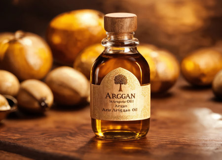 Argan oil in a bottle on a wooden tableの素材