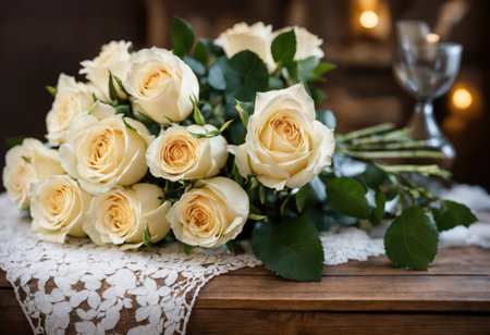 Bouquet of white roses on a wooden backgroundの素材
