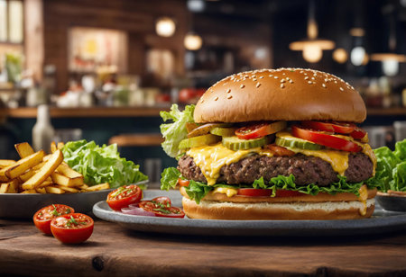 Big burger with tomatoes, lettuce, cheese and pickles on a wooden table. Junk food conceptの素材