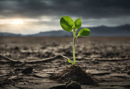 Surviving sprouted lonely sprout in a lifeless dry desertの素材