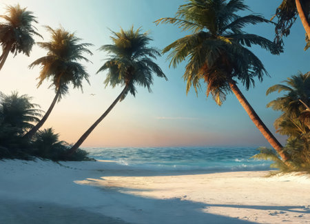 Colorful beach with palm trees and white sandの素材
