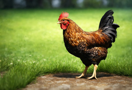 Chicken on green grassの素材