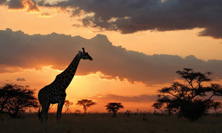 Beautiful giraffe in the savannah at sunsetの素材