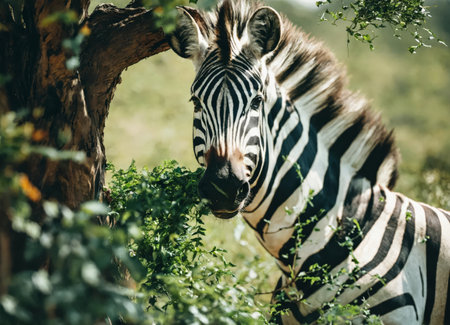 Zebra in the savannah near a green treeの素材