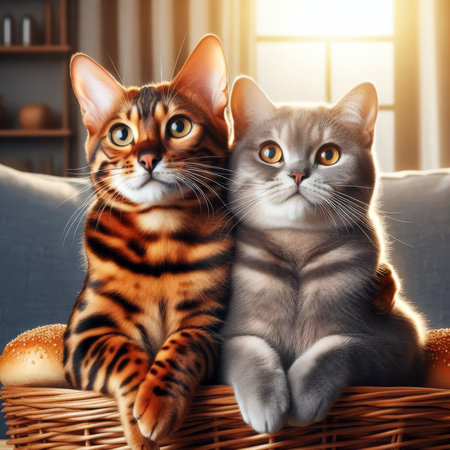 Bengal cat and British cat together as friendsの素材