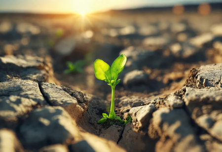 Surviving sprouted lonely sprout in a lifeless dry desertの素材