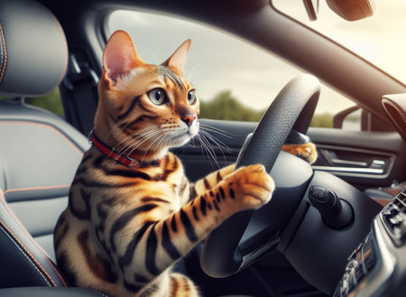 Bengal cat driving a carの素材