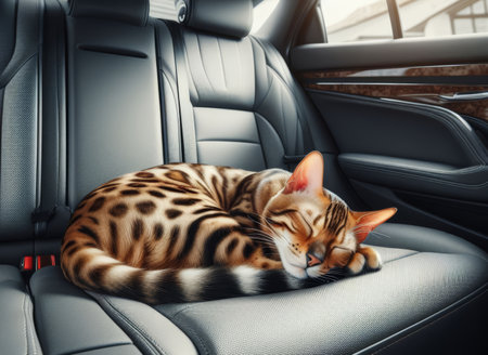 An adorable Bengal cat resting alone on passenger seat without carrier inside the car when travel with owner on summer vacationsの素材