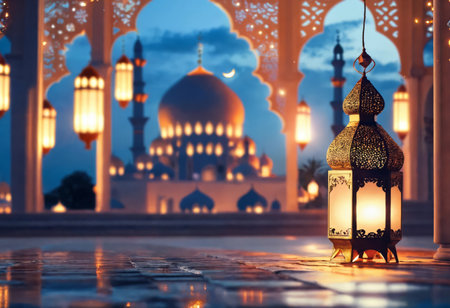 Decorative Arabic lantern with burning candle glowing at night time on mosque background. Invitation to Muslim holy month of Ramadan Kareemの素材