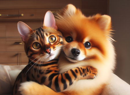Bengal cat and Pomeranian dog are best friendsの素材