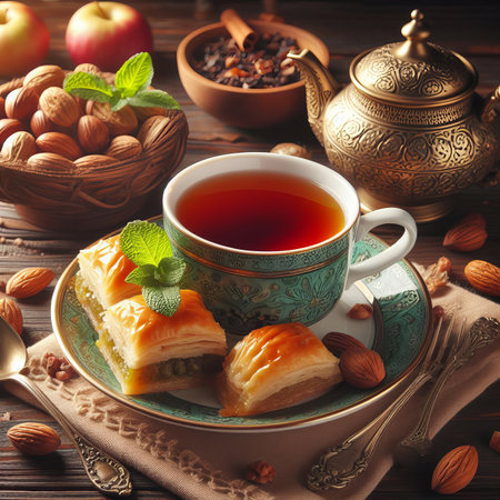 Cup of tea and Turkish baklavaの素材