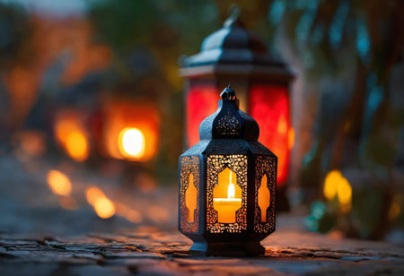 Decorative Arabic lantern with burning candle glowing at night time. Invitation to Muslim holy month of Ramadan Kareemの素材