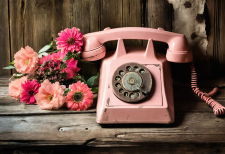 Old vintage telephone with dialer on a wooden tableの素材