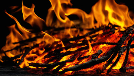 Texture of burning fire on a dark backgroundの素材