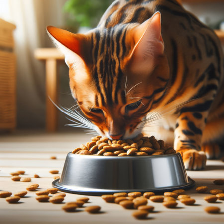Bengal cat eating dry foodの素材