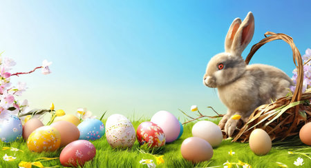 Easter background with eggs and flowers and bunnyの素材