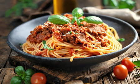 Italian pasta with meat on a wooden tableの素材