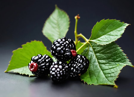 Ripe blackberry berries with leavesの素材