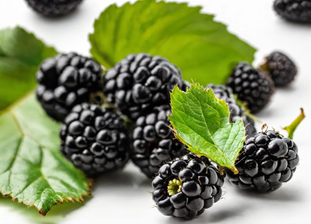 Ripe blackberry berries with leavesの素材