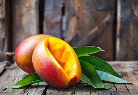 Mango fruit on wooden tableの素材