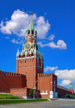 Spasskaya tower of Moscow Kremlin on a background of blue skyの写真素材