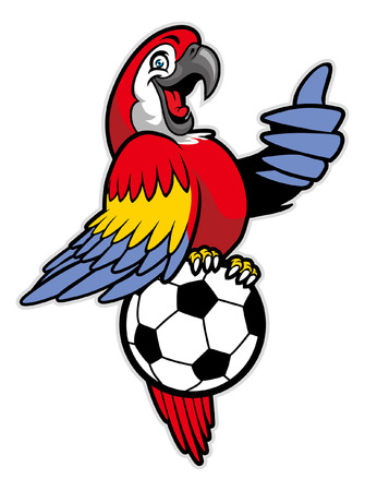 happy red macaw mascot stand over the soccer ballのイラスト素材