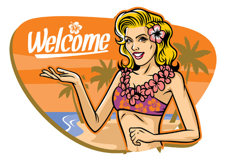 vintage illustration hawaiian beach girlのイラスト素材