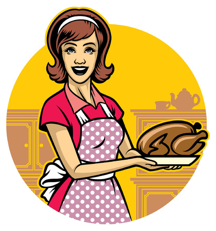 woman cooking and present the roasted chickenのイラスト素材