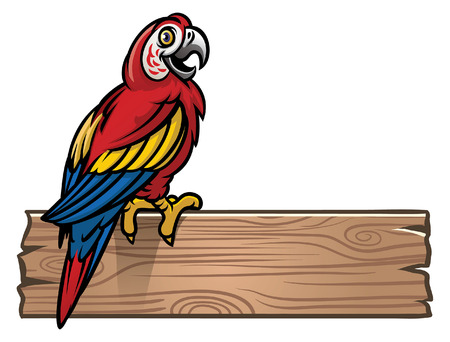 happy macaw bird stand on the blank wood plankのイラスト素材