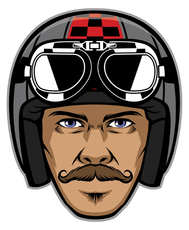 mustache man head wearing classic motorcycle helmetのイラスト素材