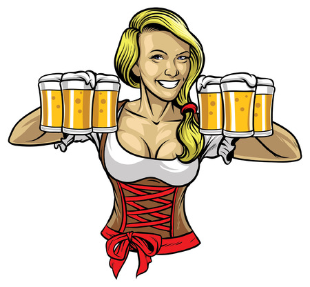 pretty women wearing german drindl and hold the beersのイラスト素材