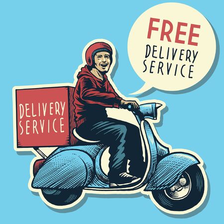 happy delivery man riding old scooterのイラスト素材