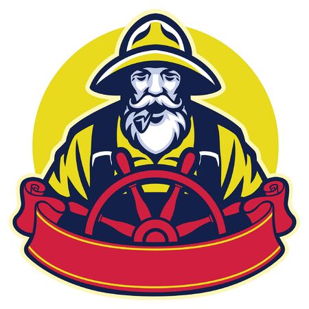 mascot of fisherman steering the ship wheelのイラスト素材