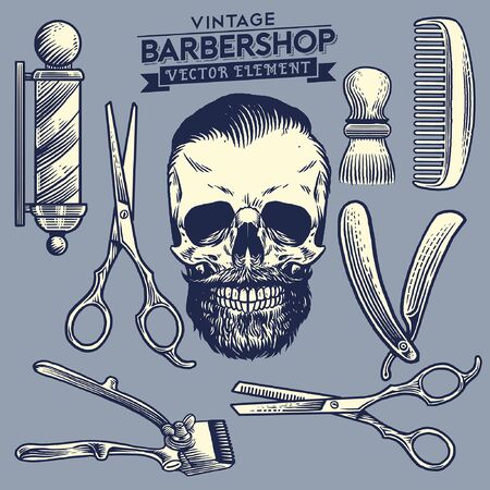 vintage illustration set of barbershop objectsのイラスト素材