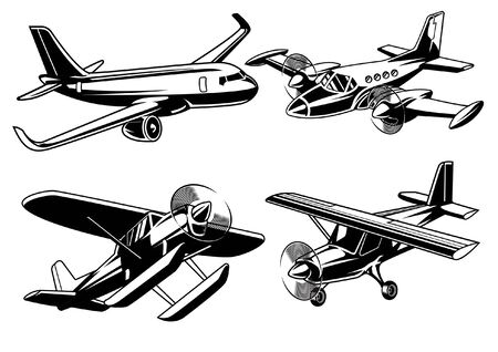 set of modern airplane in black and white styleのイラスト素材