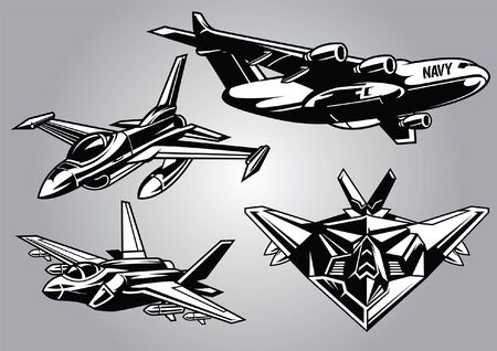 set of military aircraft in black and white styleのイラスト素材