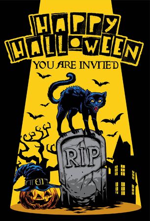 poster design of halloween with black cat standing over the tombのイラスト素材