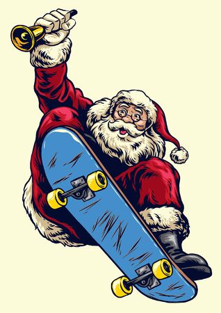 santa claus riding skateboard while hold the bellのイラスト素材