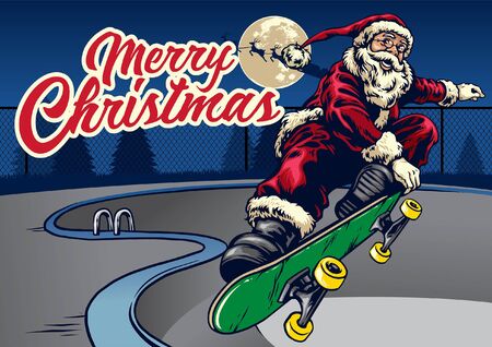 hand drawn santa claus riding skateboard at the skateparkのイラスト素材