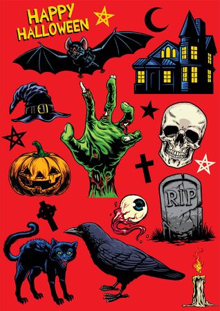 set of hand drawn objects of halloween in full coloredのイラスト素材