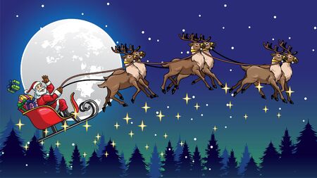night of christmas with santa claus flying ride the the sleigh pulled by the deersのイラスト素材