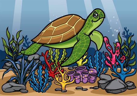 happy turtle swiming between the coralsのイラスト素材
