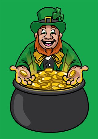 leprechaun showing pot full of gold coinsのイラスト素材