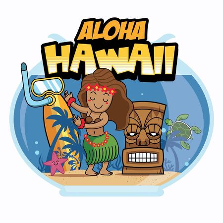 aloha greeting design with cartoon hula dance girl and tiki maskのイラスト素材