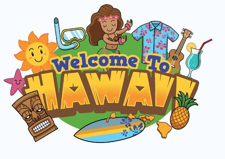 greeting design of welcoming to hawaii in cartoon styleのイラスト素材