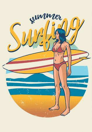 vintage girl of surfer holding the surfing boardのイラスト素材