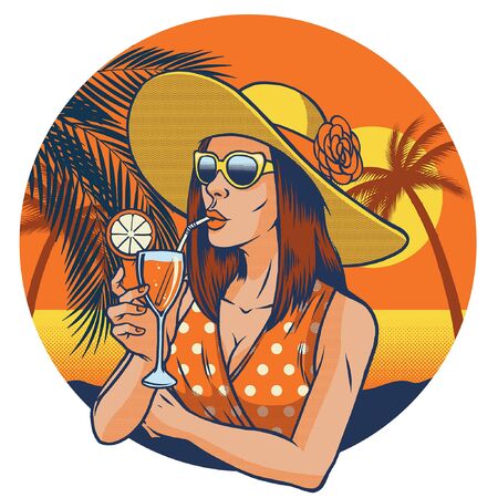 vintage girl summer in sunset beachのイラスト素材