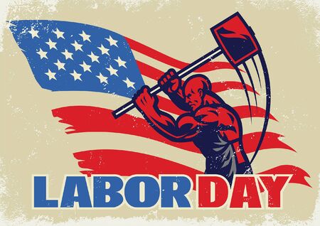 labor swinging sledge hammer with american flag backgroundのイラスト素材