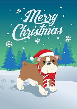 christmas cute bulldog with snowy winterのイラスト素材