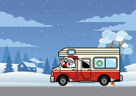 happy santa clause riding truck in  christmas winterのイラスト素材
